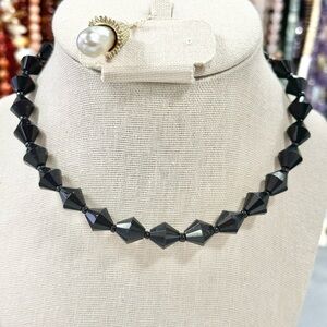 Vintage Signed West Germany Black Jet Glass Beaded Choker Necklace